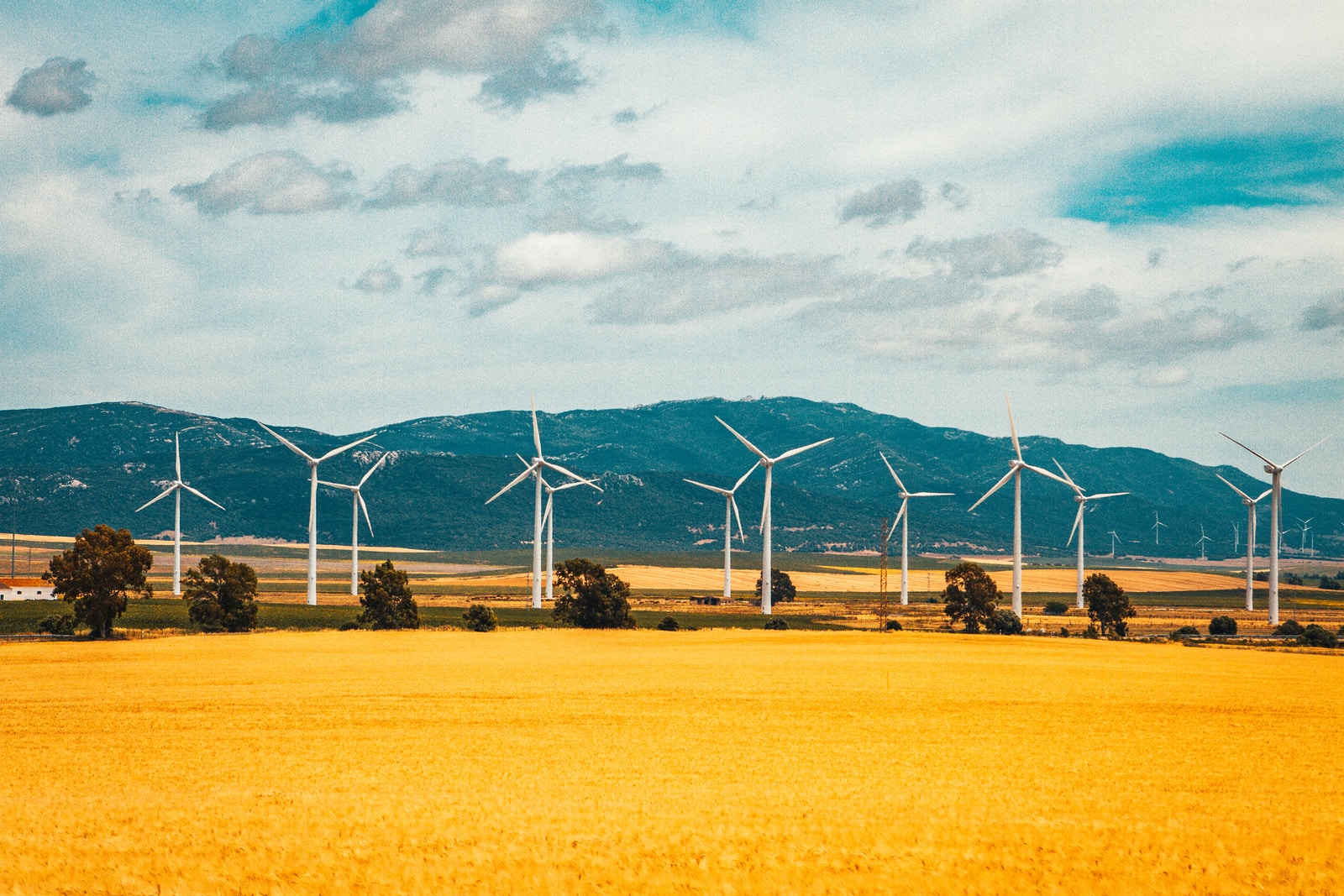 éoliennes blanches sur un champ brun sous un ciel bleu et blanc ensoleillé et nuageux pendant la journée